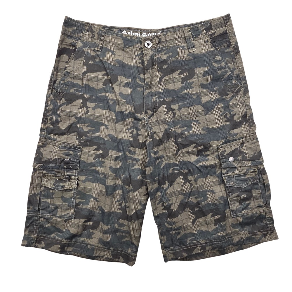 Vintage‎ Y2K Seven Souls Camo Plaid Cargo Shorts Urban Skater Green Mens 34
